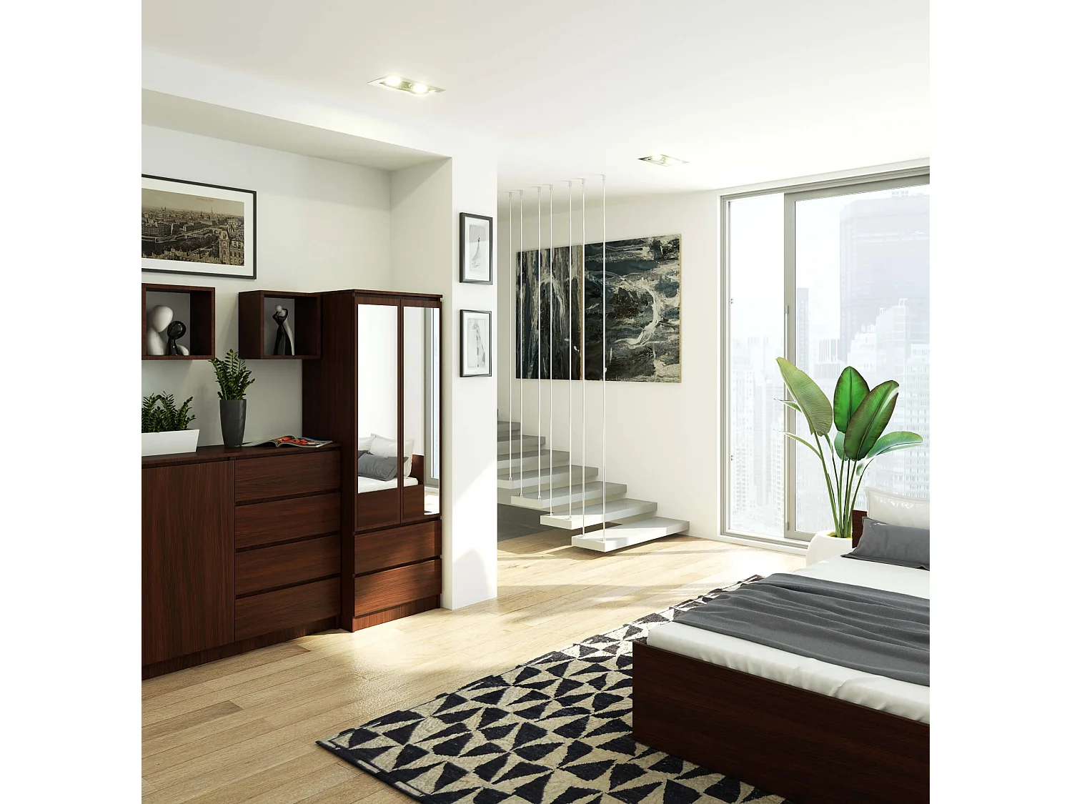 Armoire AKORD S60 avec miroir Wengé 60 cm 2 portes 2 tiroirs façade Wengé 1 étagère 60x51x180 cm