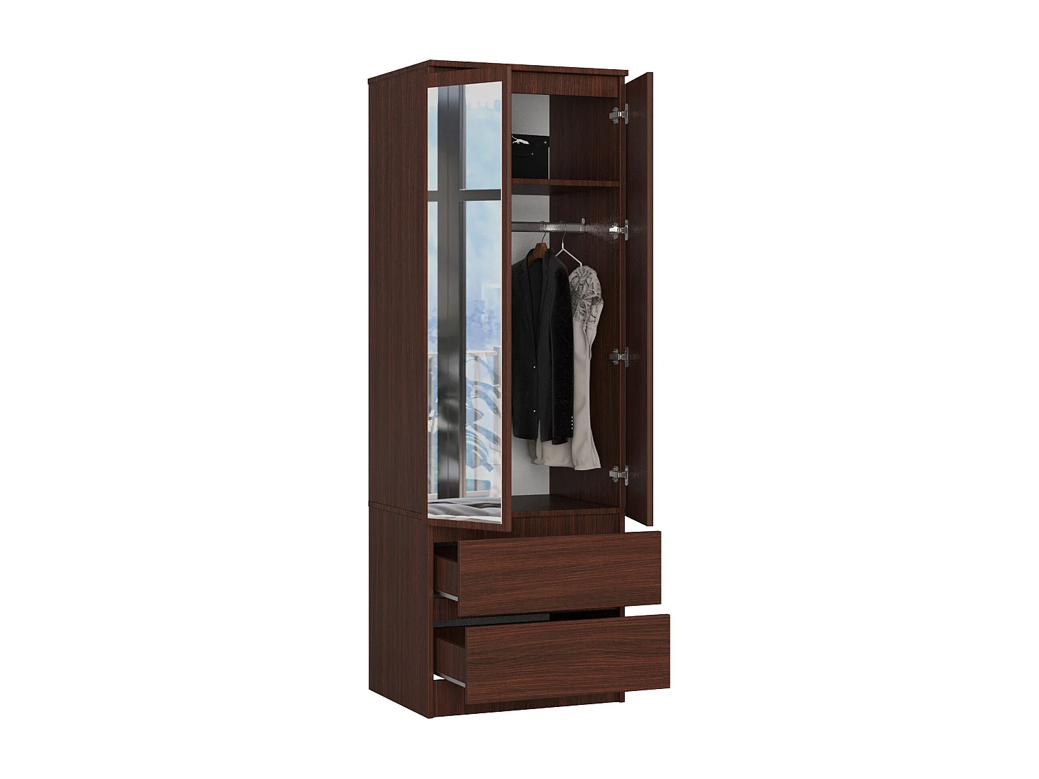 Armoire AKORD S60 avec miroir Wengé 60 cm 2 portes 2 tiroirs façade Wengé 1 étagère 60x51x180 cm