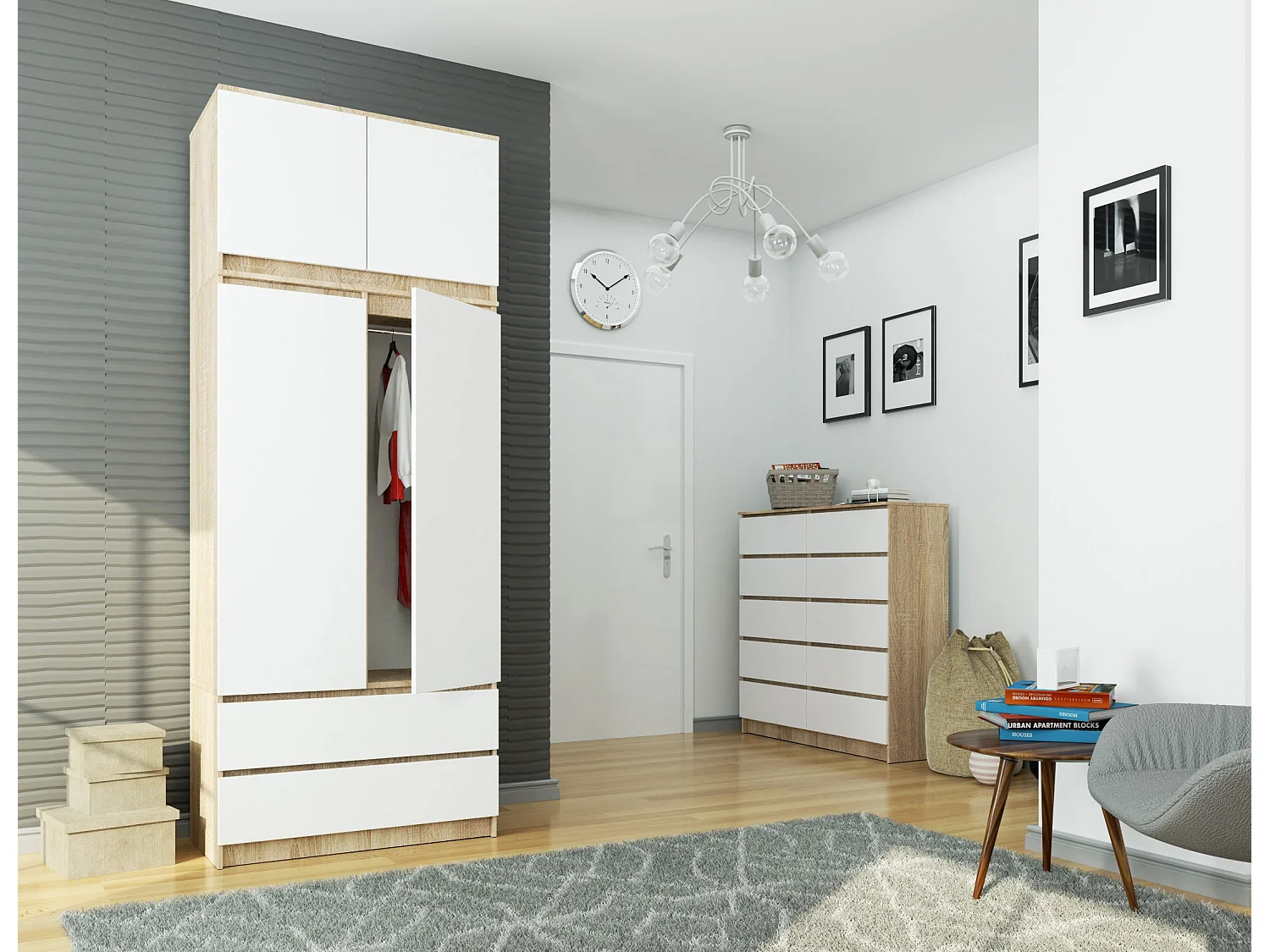 Szafa AKORD S90 z nadstawką Dąb Sonoma 90 cm 2 drzwi 2 szuflady kolor Biały mat 6 półek 90x51x234 cm