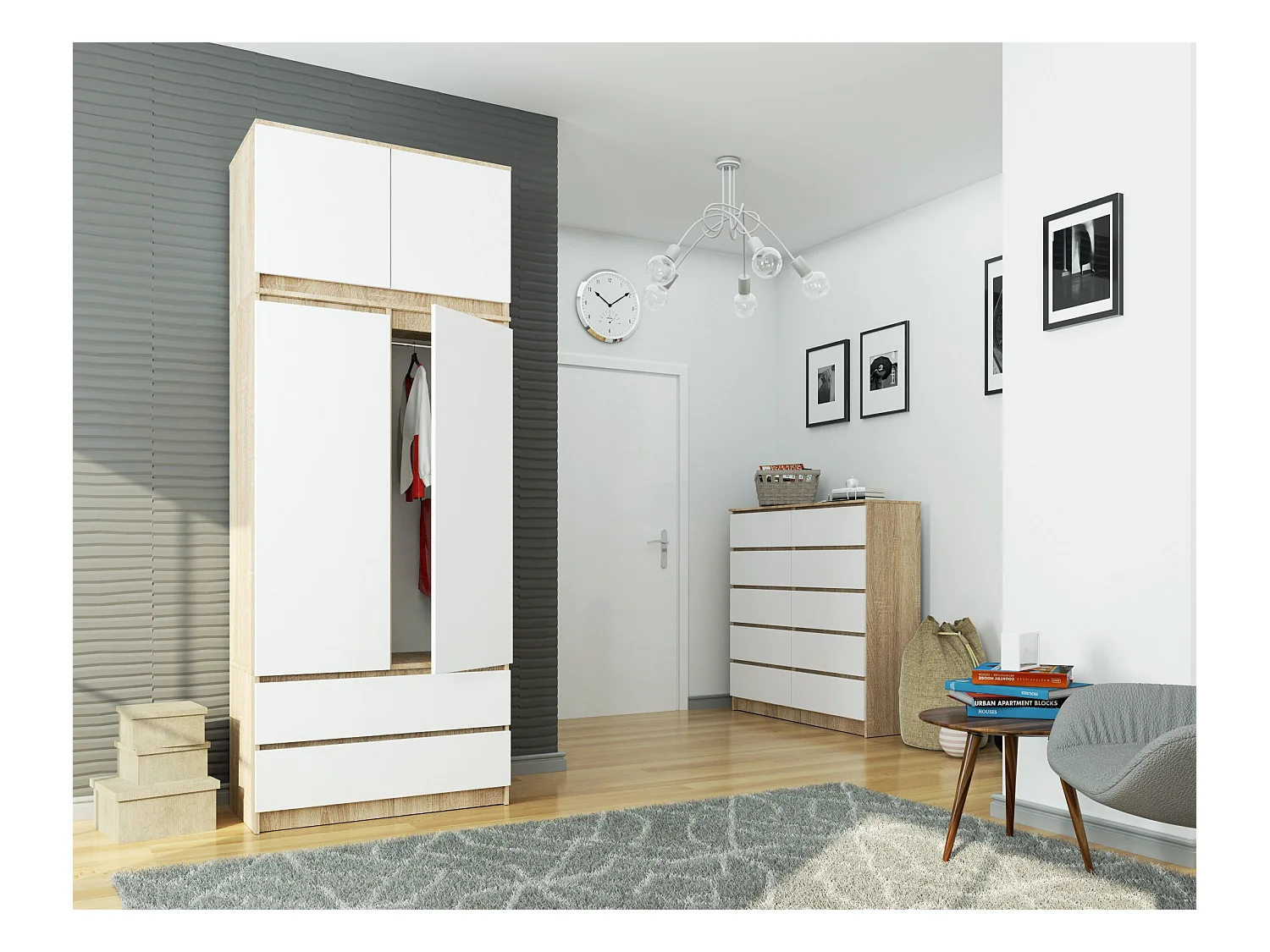 S90 Garderobe met Bovenbouw - 2 Deuren, 2 Lades - Dressoir van Sonoma Eik/Wit - Staande Kledingkast met Mat Afwerking - Geschikt voor Zelfmontage
