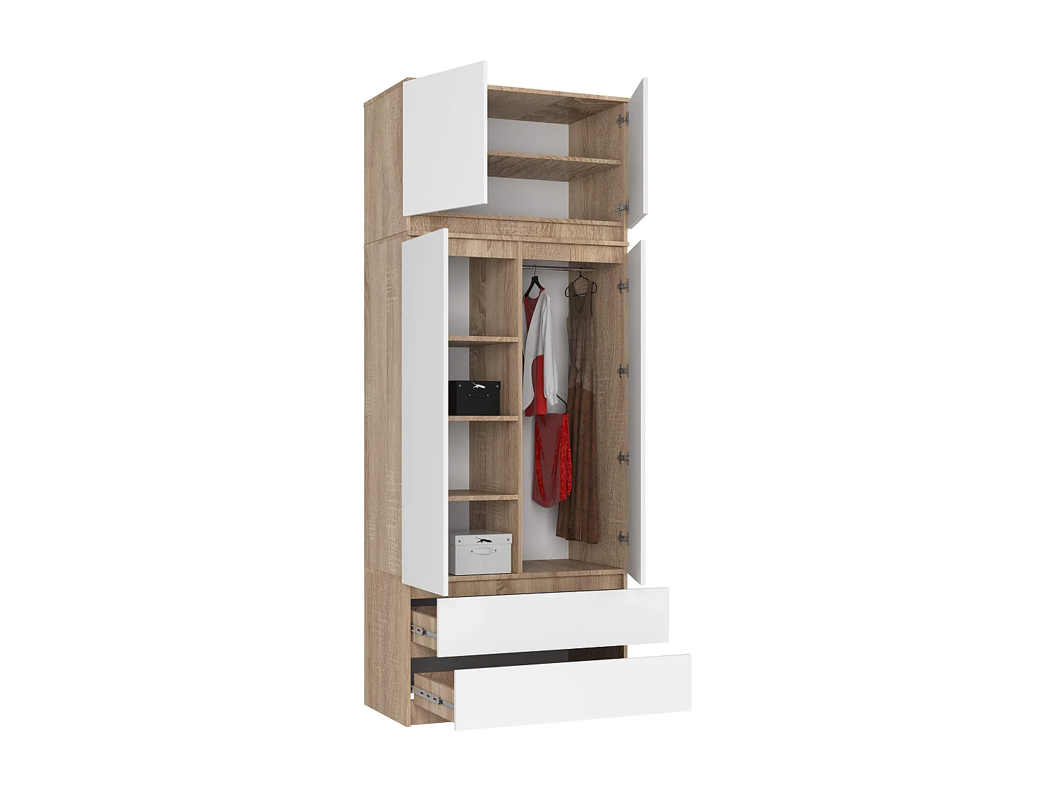 Armoire avec surmeuble AKORD S90 Chêne Sonoma 90 cm 2 portes 2 tiroirs façade Blanche 6 étagères 90x51x234 cm