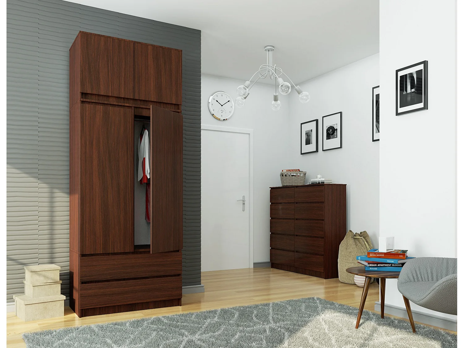 Armoire avec surmeuble AKORD S90 Wengé 90 cm 2 portes 2 tiroirs façade Wengé 6 étagères 90x51x234 cm