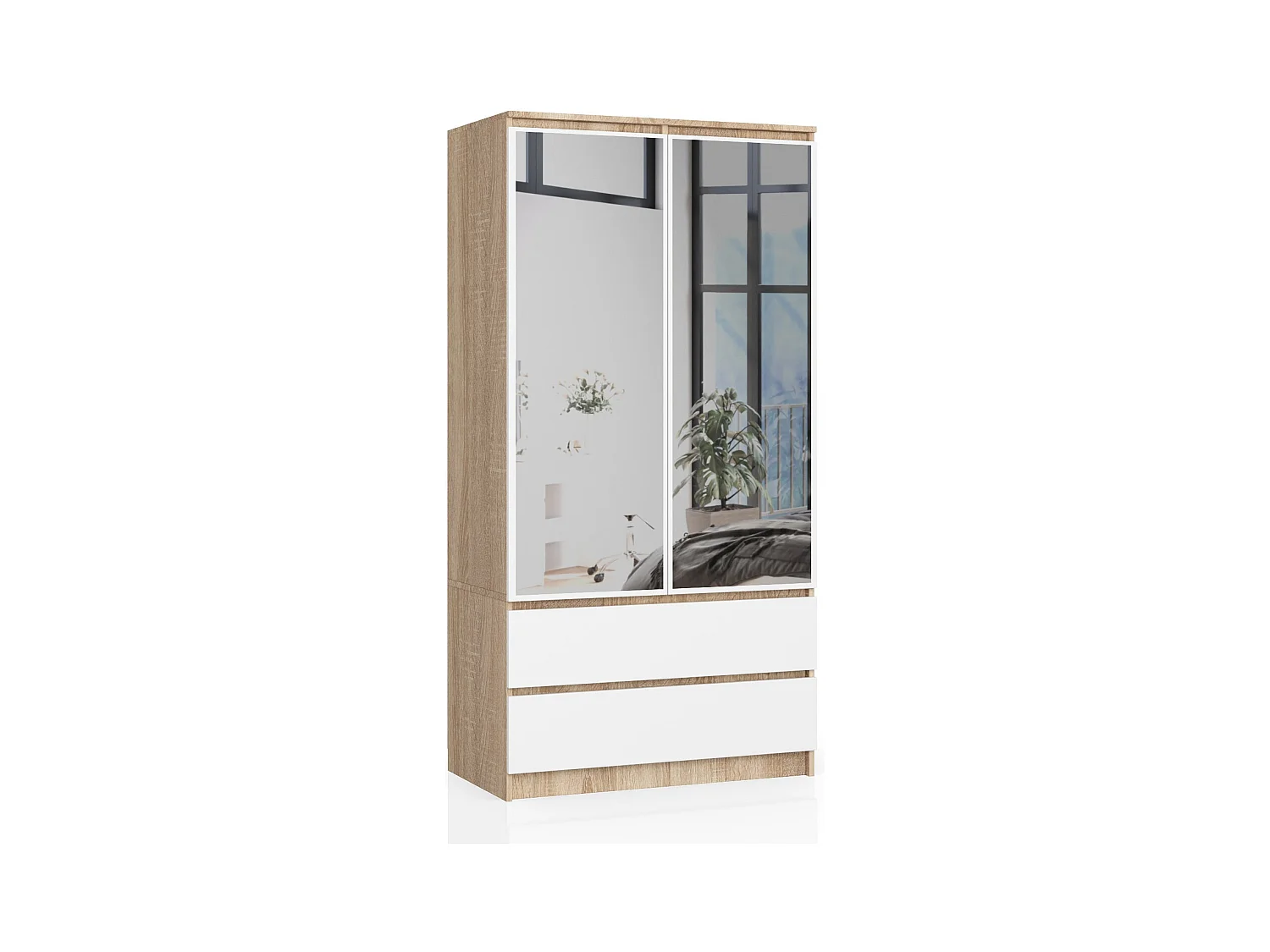 Armoire AKORD S90 avec miroir Chêne Sonoma 90 cm 2 portes 2 tiroirs façade Blanche 4 étagères 90x51x180 cm