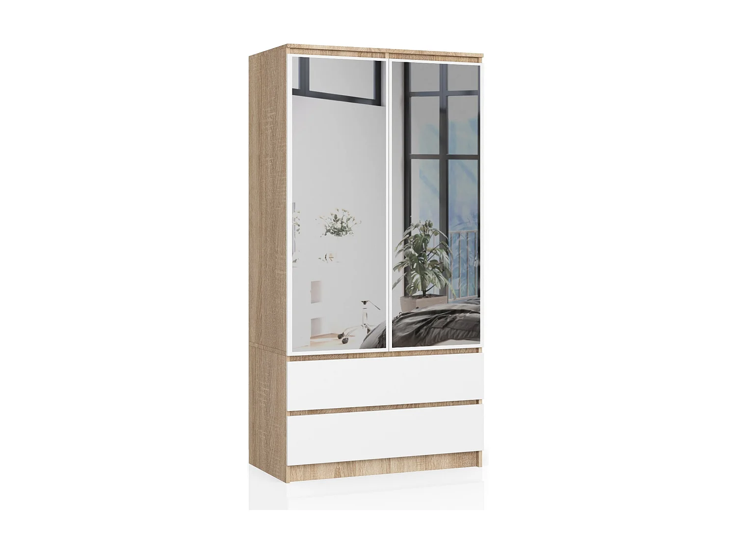 Armoire AKORD S90 avec miroir Chêne Sonoma 90 cm 2 portes 2 tiroirs façade Blanche 4 étagères 90x51x180 cm