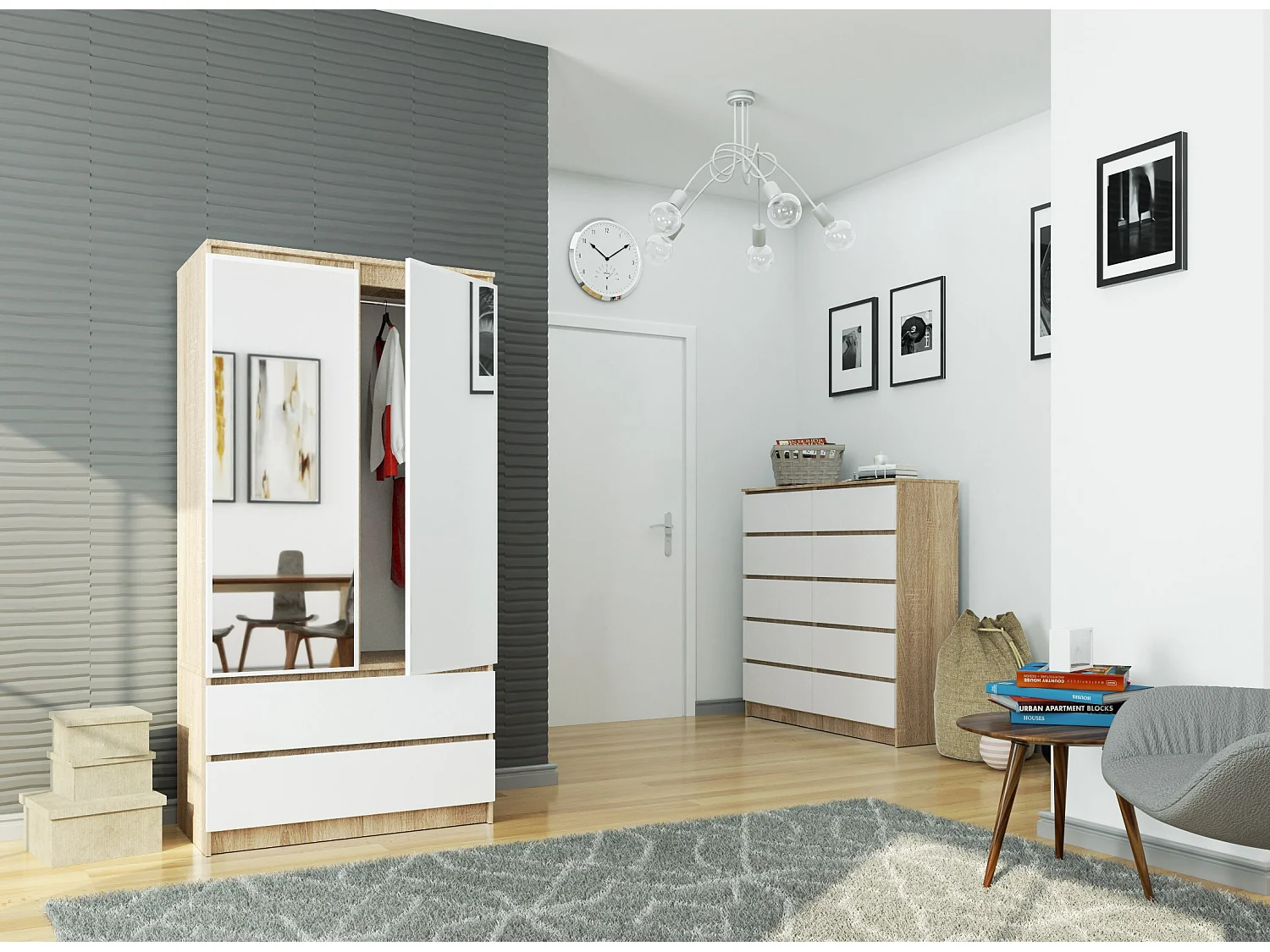 Armoire AKORD S90 avec miroir Chêne Sonoma 90 cm 2 portes 2 tiroirs façade Blanche 4 étagères 90x51x180 cm