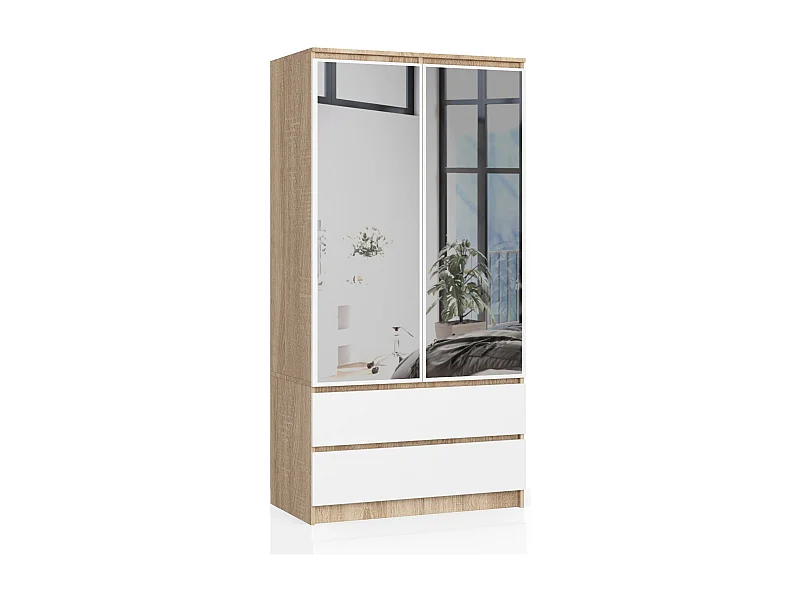 Armoire AKORD S90 avec miroir Chêne Sonoma 90 cm 2 portes 2 tiroirs façade Blanche 4 étagères 90x51x180 cm