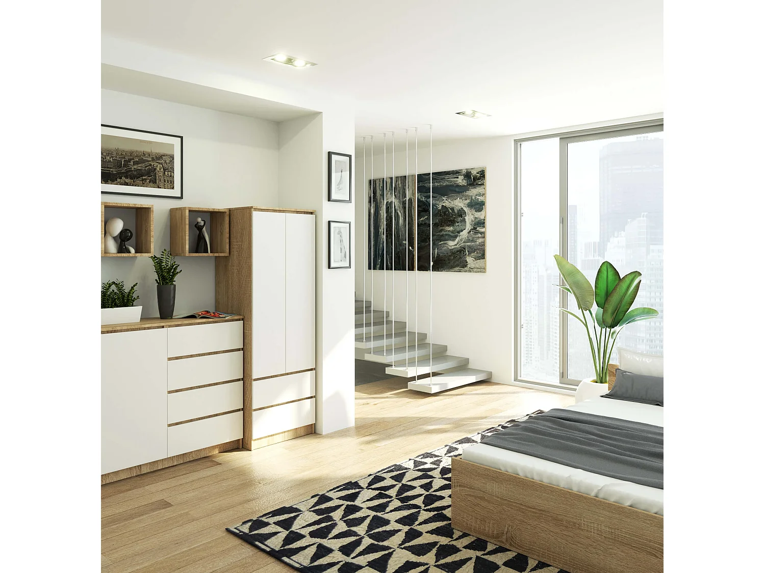 Kleiderschrank AKORD S60 Sonoma-Eiche 60 cm 2 Türen 2 Schubladen Regal Front Weiß B60 x H180 x T51 cm