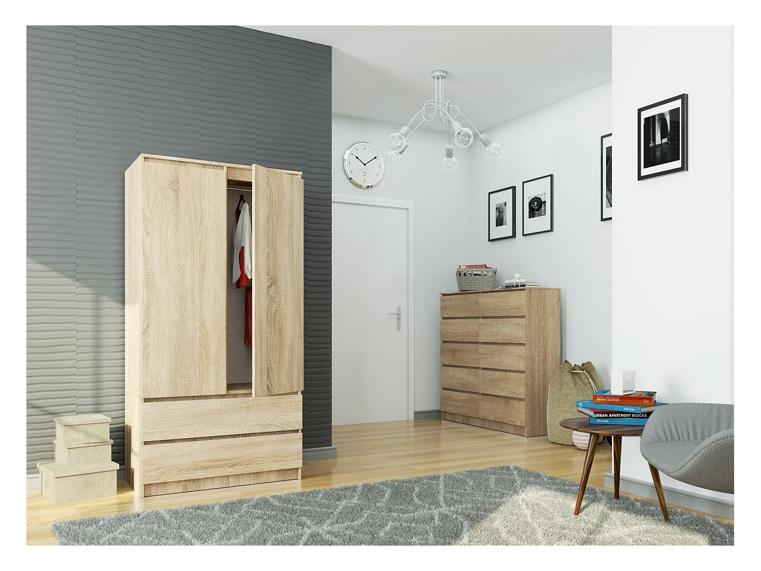 Kleiderschrank AKORD S90 Sonoma-Eiche 90 cm 2 Türen 2 Schubladen 4 Ebenen B90 x H180 x T51 cm