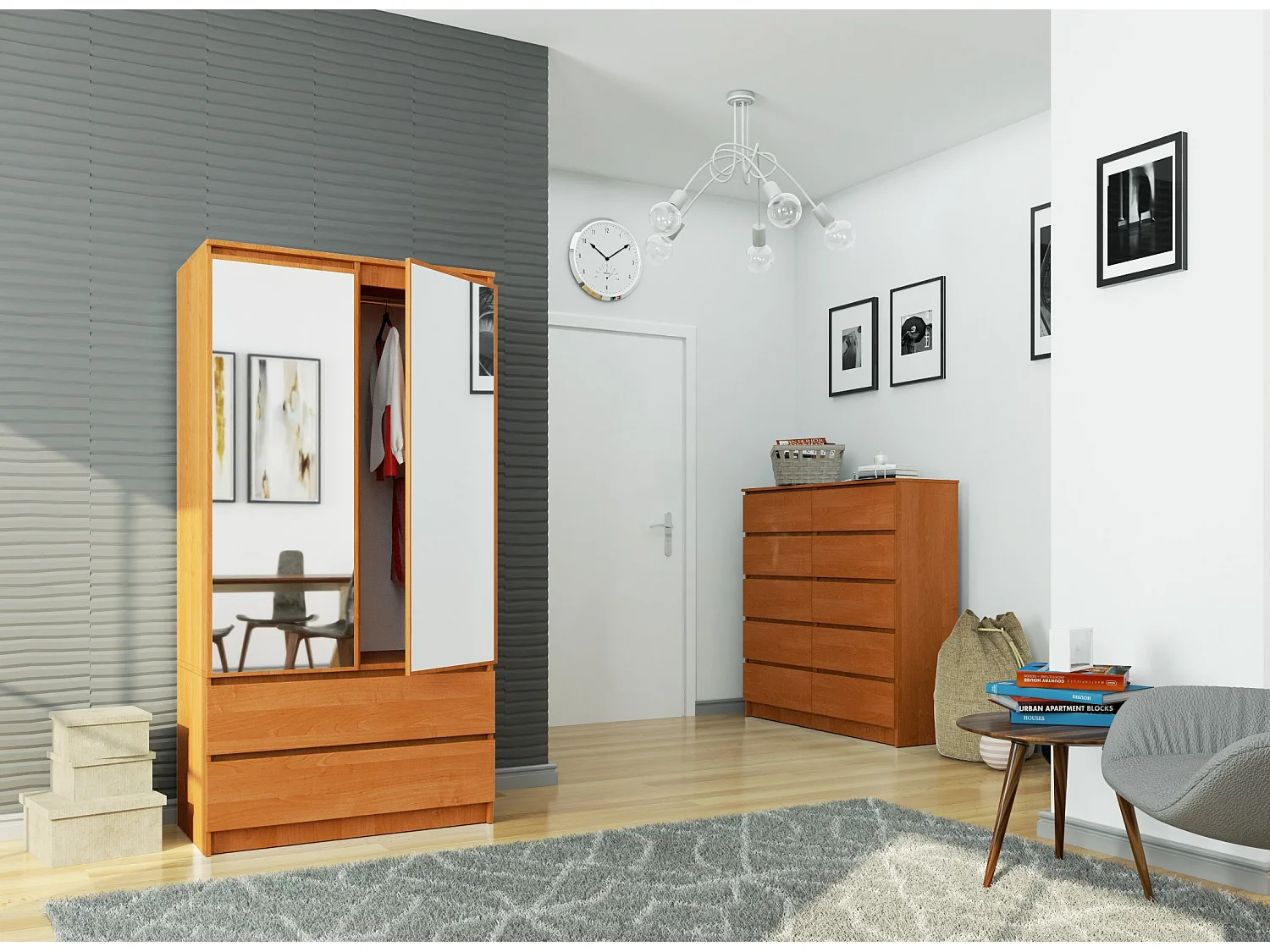 Armoire AKORD S90 avec miroir Aulne 90 cm 2 portes 2 tiroirs façade Aulne 4 étagères 90x51x180 cm