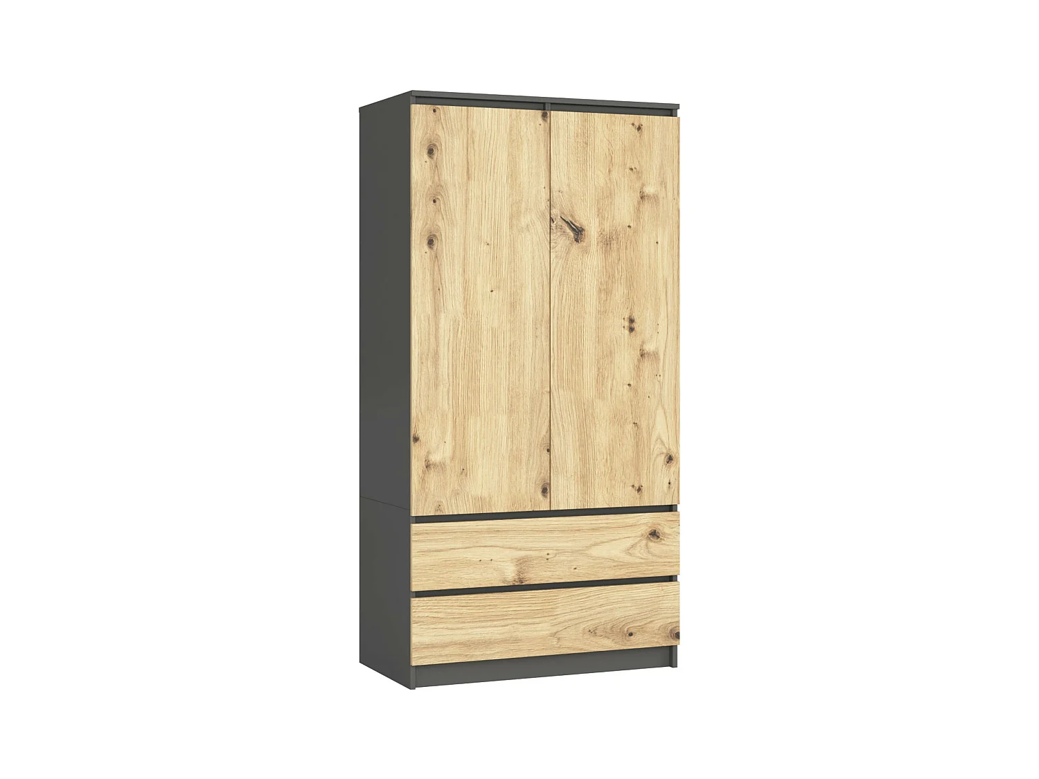 Armoire AKORD S90 Gris Graphite 90 cm 2 portes 2 tiroirs façade Chêne Artisan 4 étagères 90x51x180 cm