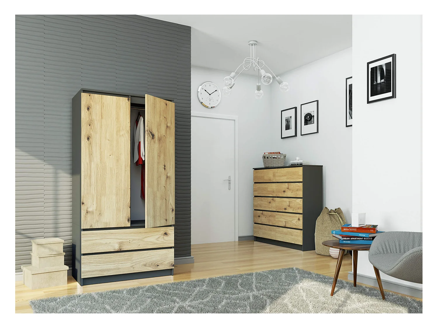 Grafiet Grijze & Eik Artisan Staande Kast S90 - 2 Deuren, 2 Lades