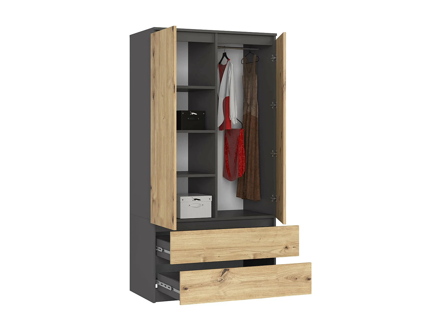 Kleidingkast S90 met 2 Deuren en 2 Lades / AKORD Furniture Factory / Grafietgrijs - Artisan Eik / 90 x 180 x 51 cm