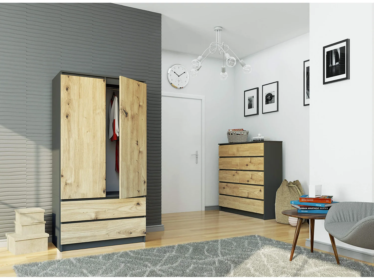 Kleidingkast S90 met 2 Deuren en 2 Lades / AKORD Furniture Factory / Grafietgrijs - Artisan Eik / 90 x 180 x 51 cm