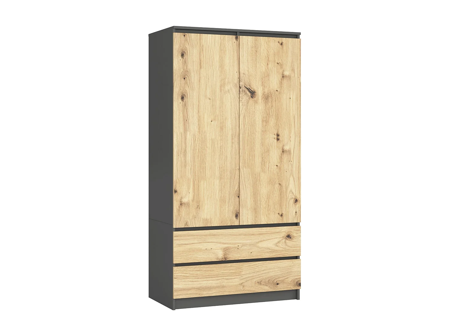Armoire AKORD S90 Gris Graphite 90 cm 2 portes 2 tiroirs façade Chêne Artisan 4 étagères 90x51x180 cm