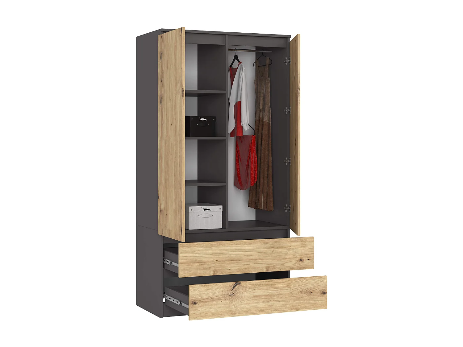 Armoire AKORD S90 Gris Graphite 90 cm 2 portes 2 tiroirs façade Chêne Artisan 4 étagères 90x51x180 cm