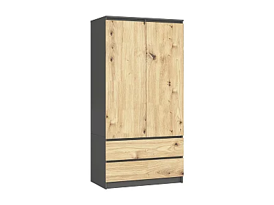 Armoire AKORD S90 Gris Graphite 90 cm 2 portes 2 tiroirs façade Chêne Artisan 4 étagères 90x51x180 cm