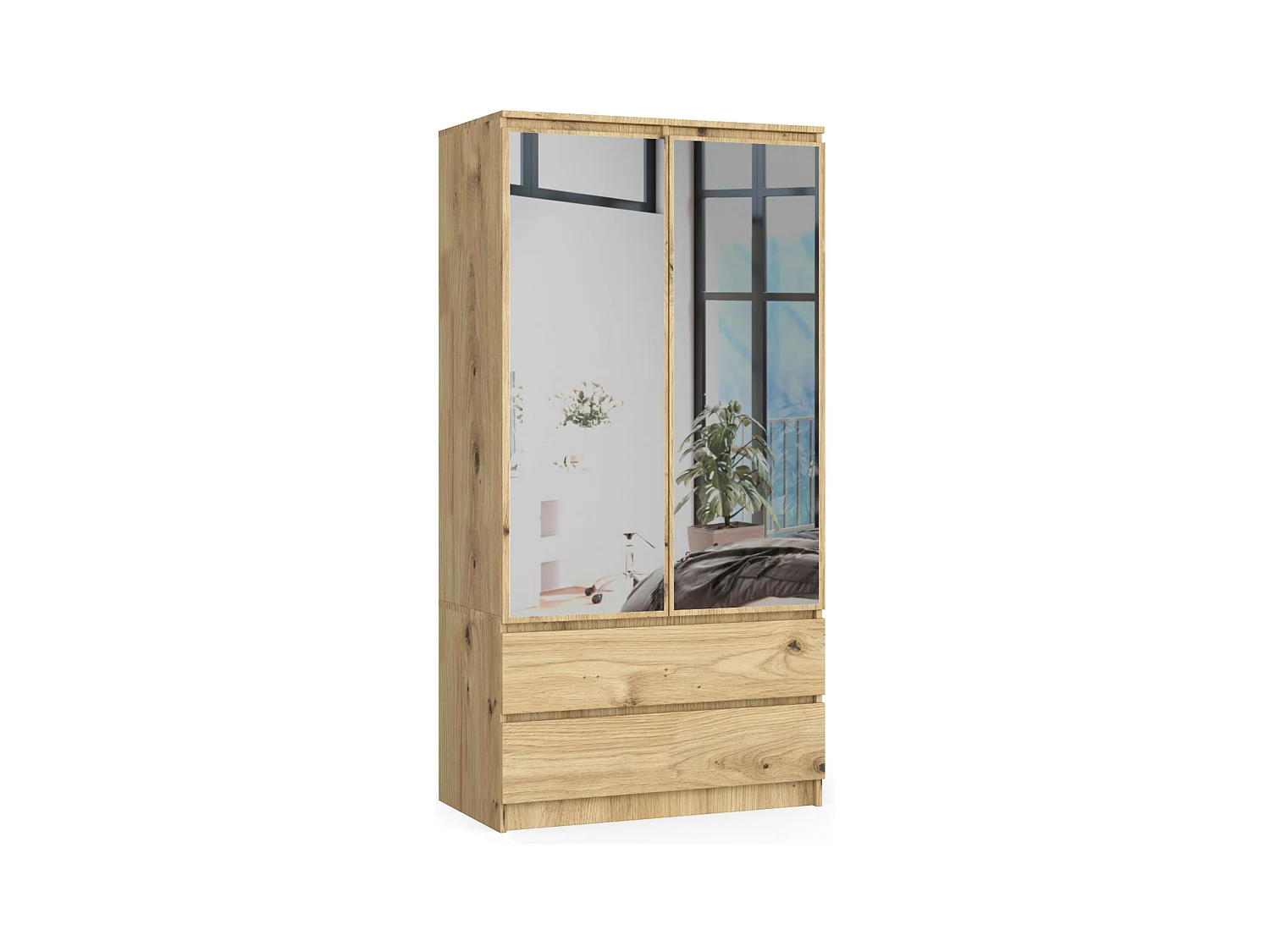 Armoire AKORD S90 avec miroir Chêne Artisan 90 cm 2 portes 2 tiroirs façade Chêne Artisan 4 étagères 90x51x180 cm