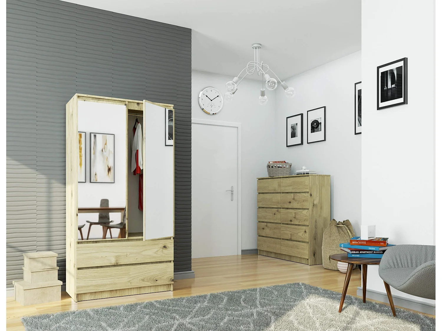 Armoire AKORD S90 avec miroir Chêne Artisan 90 cm 2 portes 2 tiroirs façade Chêne Artisan 4 étagères 90x51x180 cm