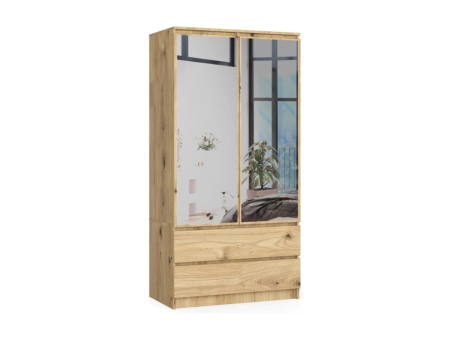 Armoire AKORD S90 avec miroir Chêne Artisan 90 cm 2 portes 2 tiroirs façade Chêne Artisan 4 étagères 90x51x180 cm