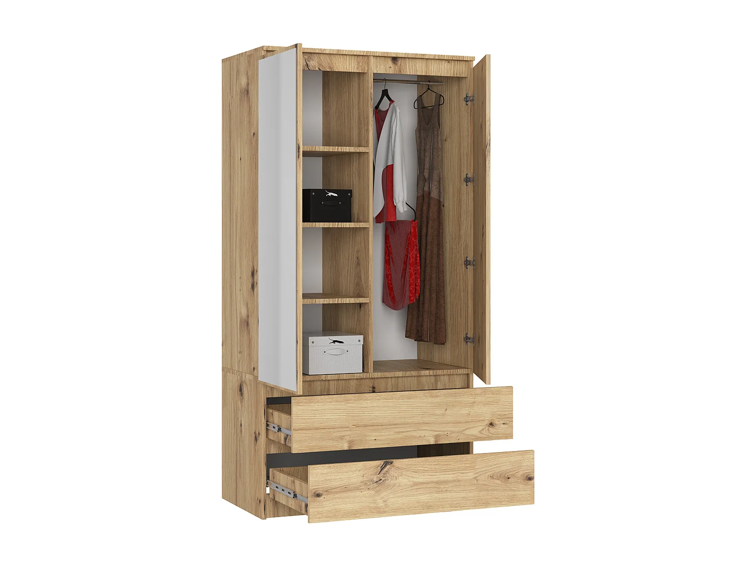 Armoire AKORD S90 avec miroir Chêne Artisan 90 cm 2 portes 2 tiroirs façade Chêne Artisan 4 étagères 90x51x180 cm