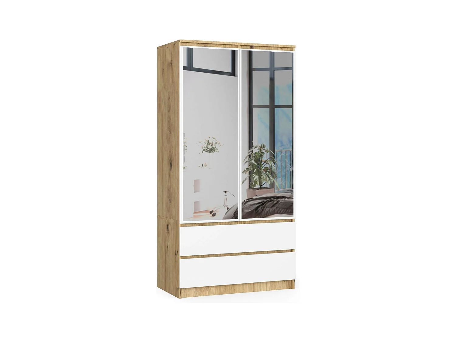 Armoire AKORD S90 avec miroir Chêne Artisan 90 cm 2 portes 2 tiroirs façade Blanche 4 étagères 90x51x180 cm