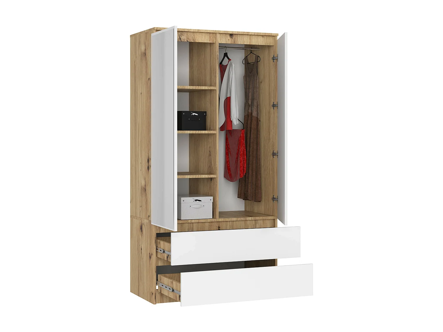 Armoire AKORD S90 avec miroir Chêne Artisan 90 cm 2 portes 2 tiroirs façade Blanche 4 étagères 90x51x180 cm