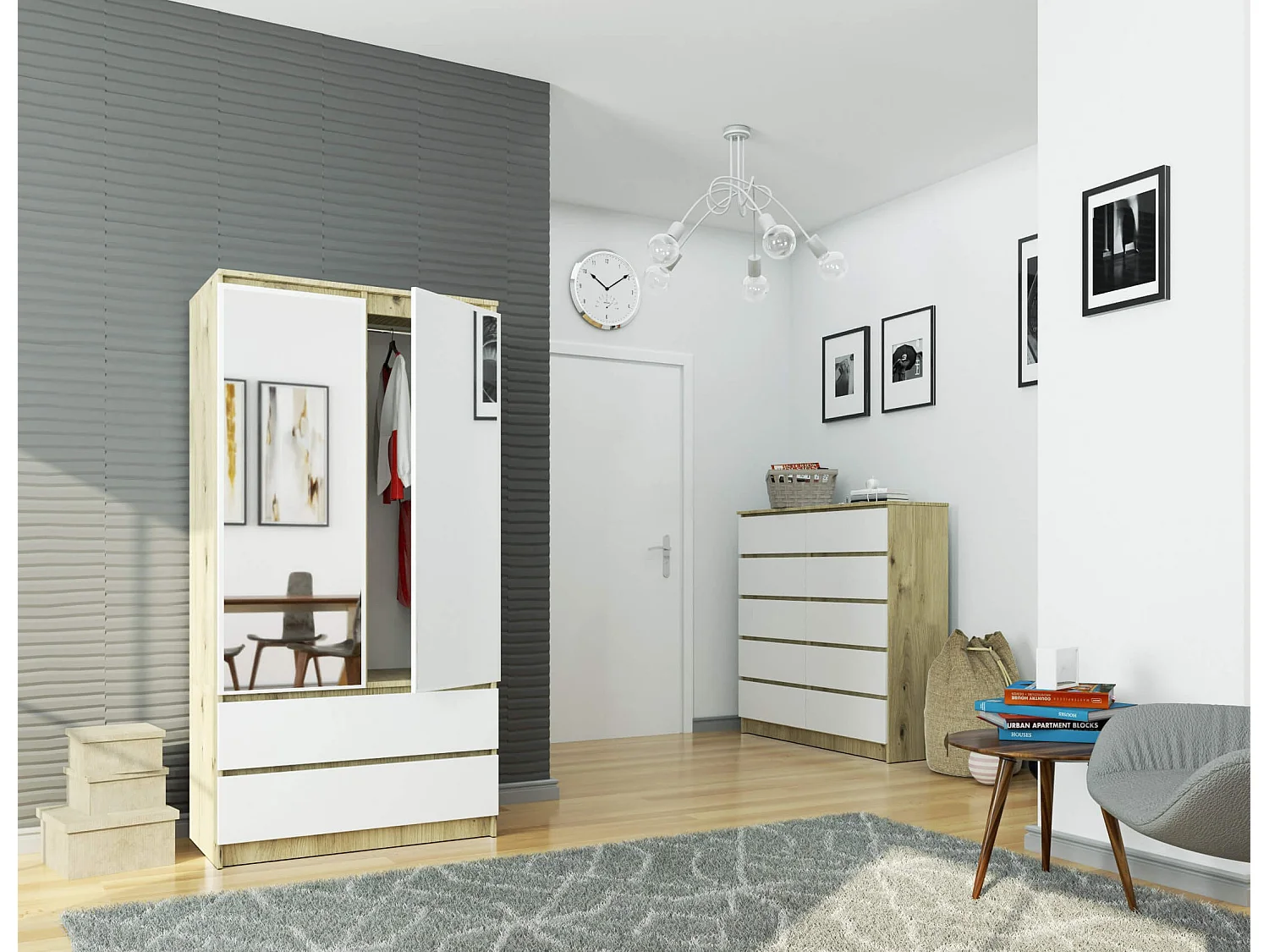Armoire AKORD S90 avec miroir Chêne Artisan 90 cm 2 portes 2 tiroirs façade Blanche 4 étagères 90x51x180 cm