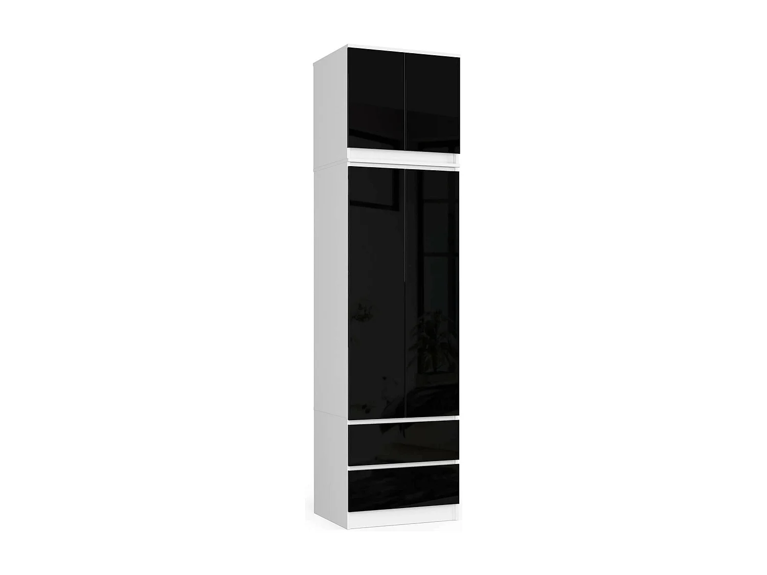 Armoire avec surmeuble AKORD STAR Blanche 60 cm 2 portes 2 tiroirs façade Noir Brillant 3 étagères 60x51x234 cm