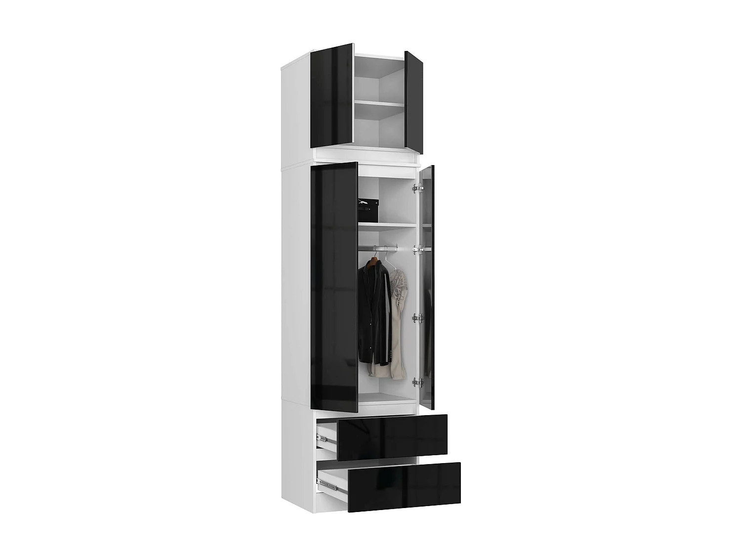 Armoire avec surmeuble AKORD STAR Blanche 60 cm 2 portes 2 tiroirs façade Noir Brillant 3 étagères 60x51x234 cm