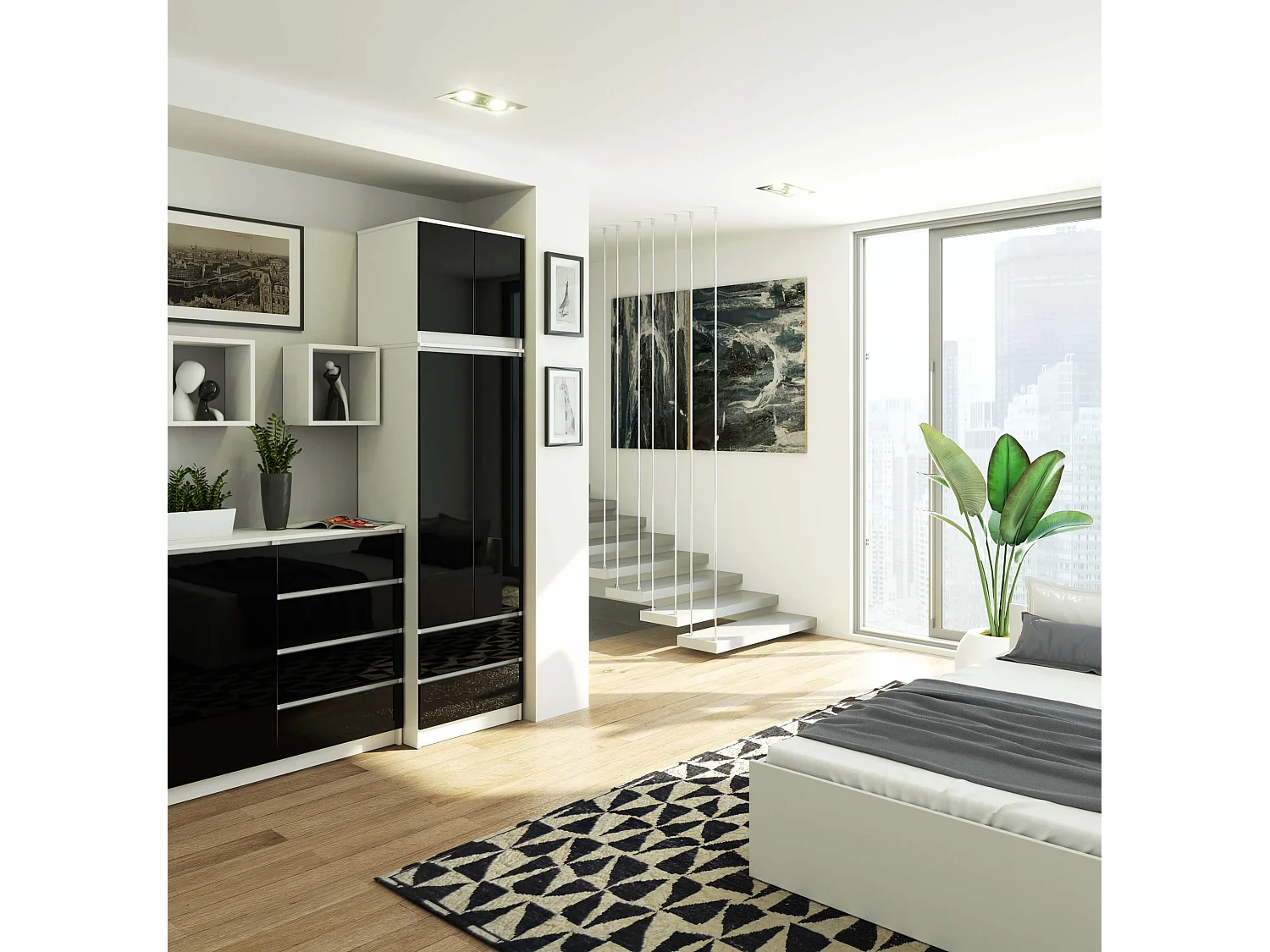 Armoire avec surmeuble AKORD STAR Blanche 60 cm 2 portes 2 tiroirs façade Noir Brillant 3 étagères 60x51x234 cm