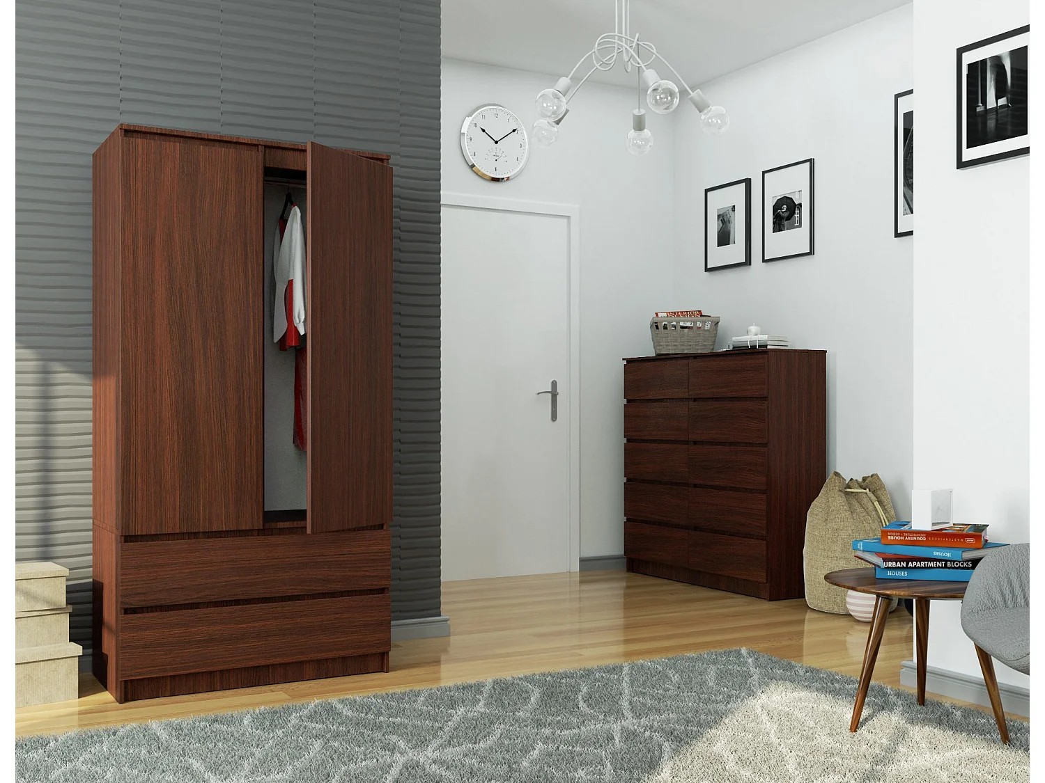 Armoire AKORD S90 Wengé 90 cm 2 portes 2 tiroirs façade Wengé 4 étagères 90x51x180 cm