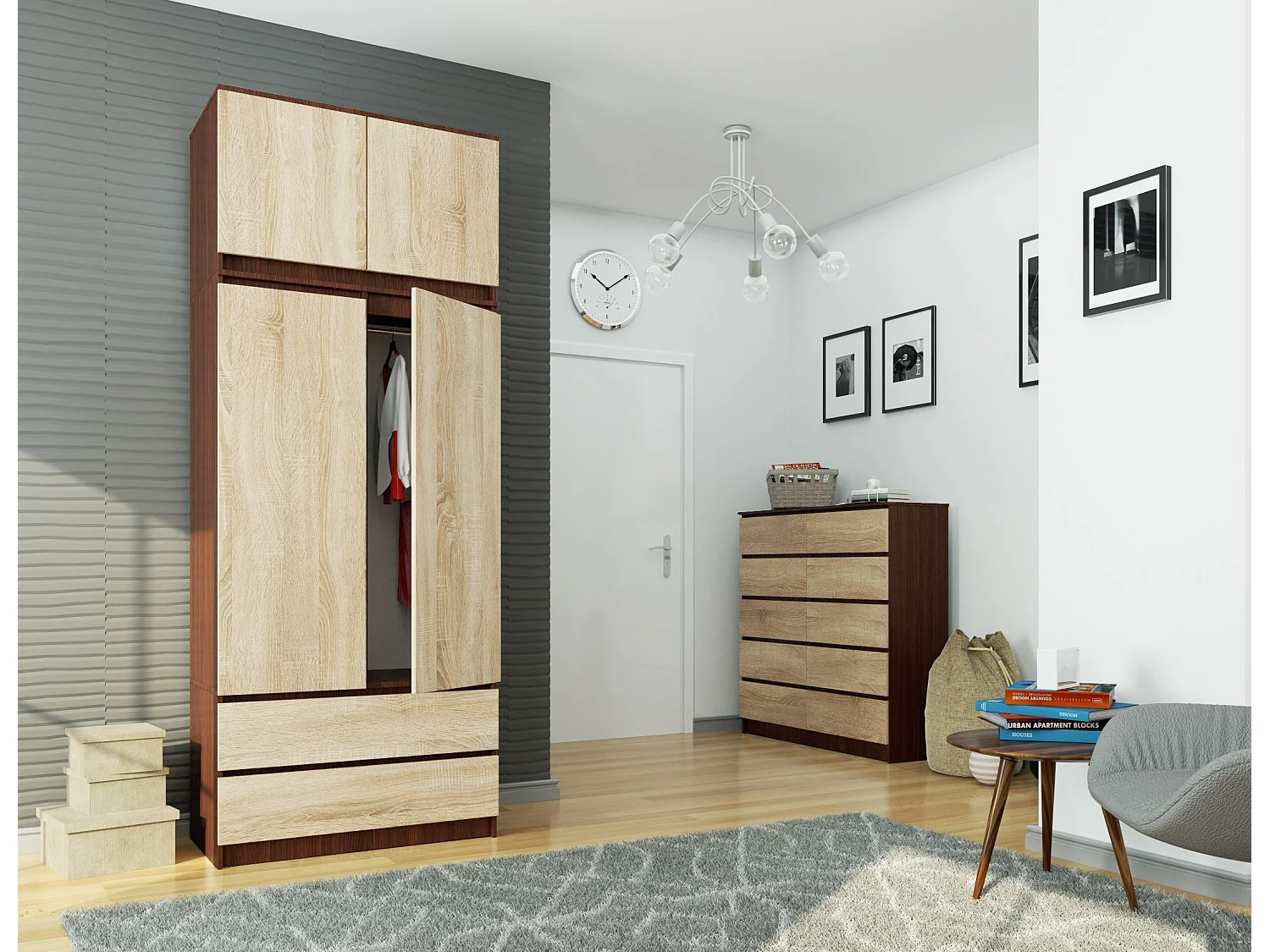 Kleiderschrank AKORD S90 mit Aufsatz Wenge 90 cm 2 Türen 2 Schubladen 6 Ebenen Front Sonoma-Eiche B90 x H234 x T51 cm