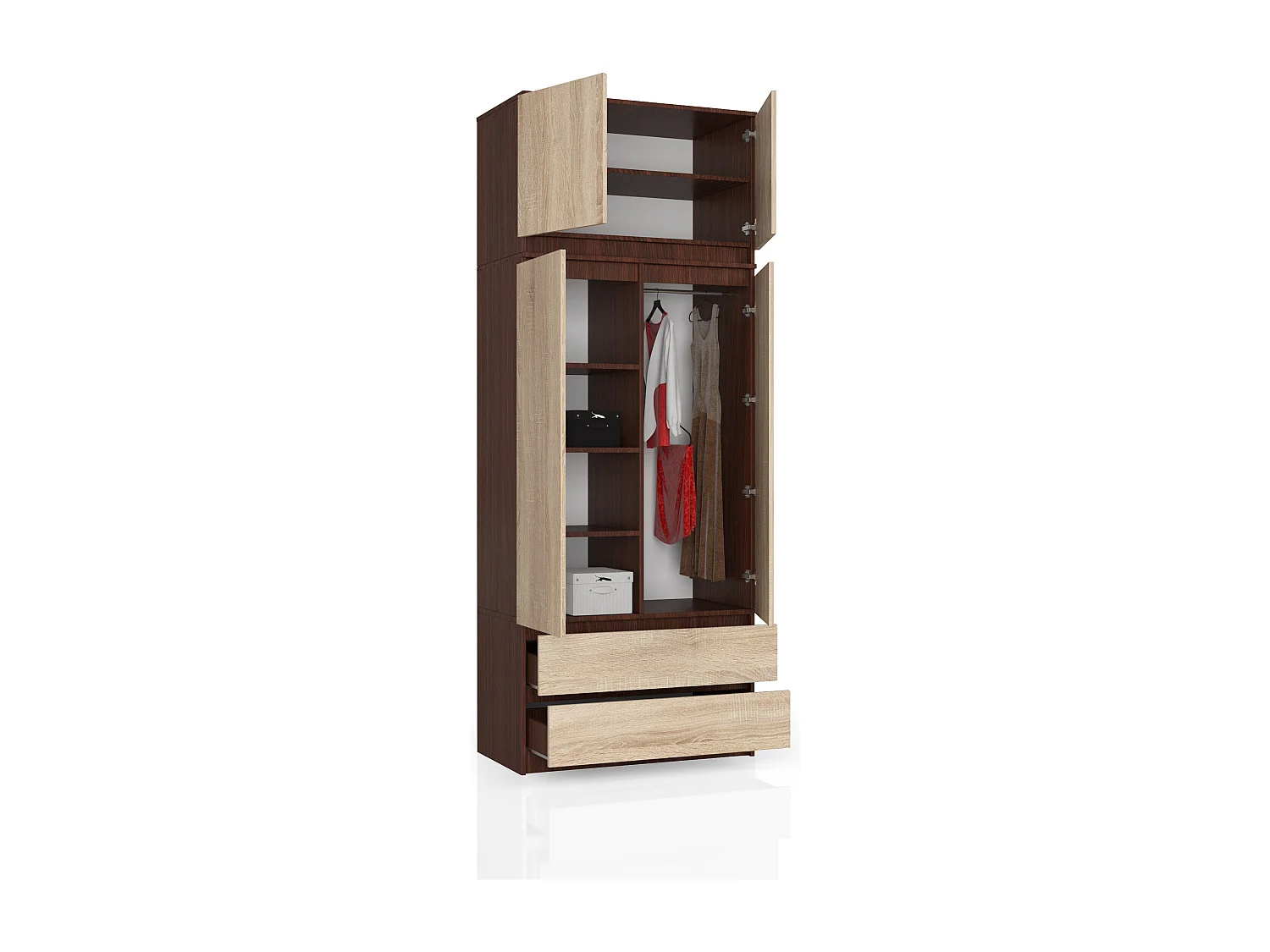Armoire avec surmeuble AKORD S90 Wengé 90 cm 2 portes 2 tiroirs façade Chêne Sonoma 6 étagères 90x51x234 cm