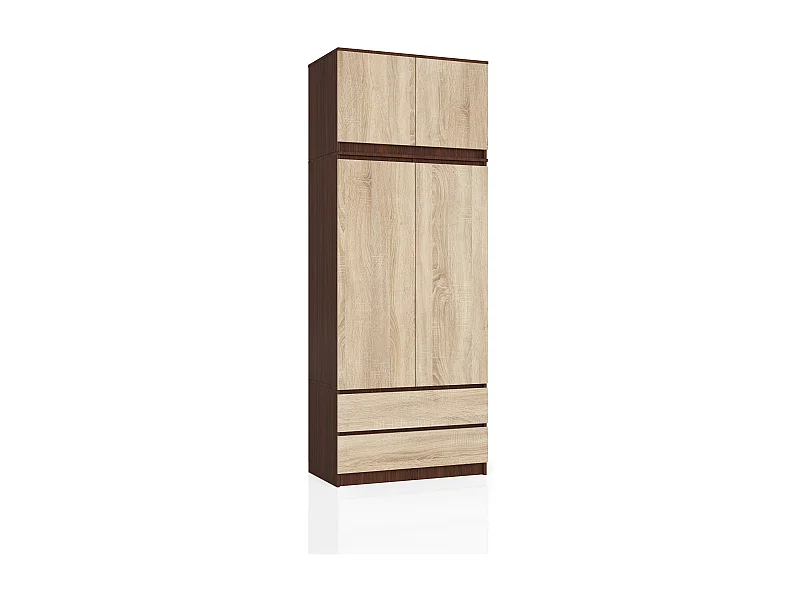Armoire avec surmeuble AKORD S90 Wengé 90 cm 2 portes 2 tiroirs façade Chêne Sonoma 6 étagères 90x51x234 cm
