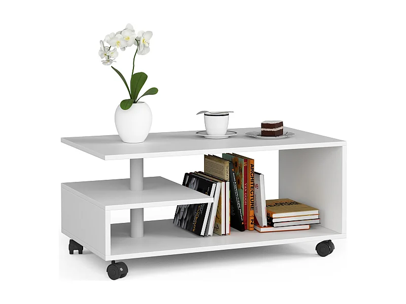 Witte VINI Koffietafel op Wielen - Mat, Zelfmontage, 90x40x51 cm