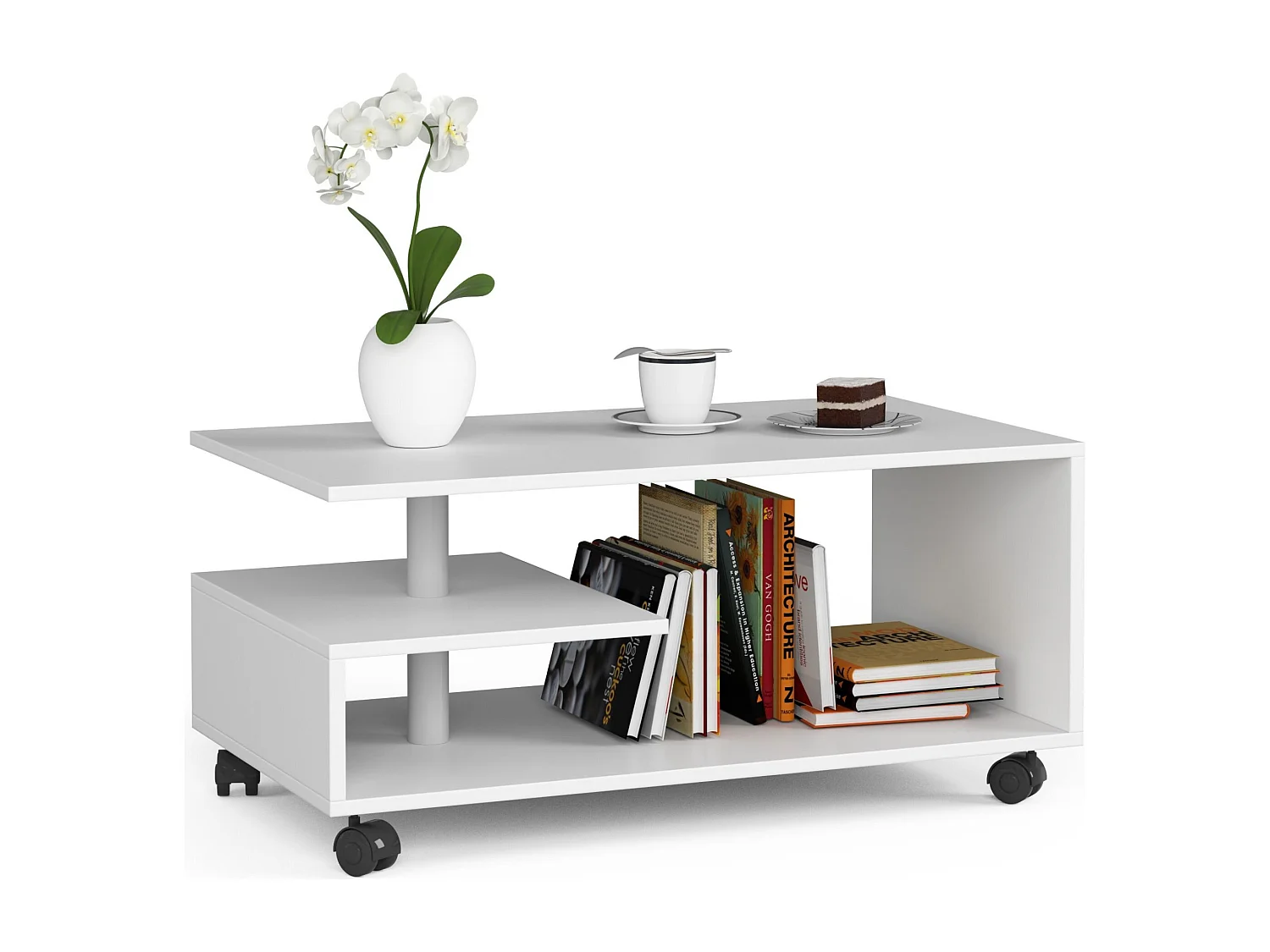Roll-Couchtisch AKORD VINI Kaffeetisch Weiß 90 cm B90 x H40 x T51 cm