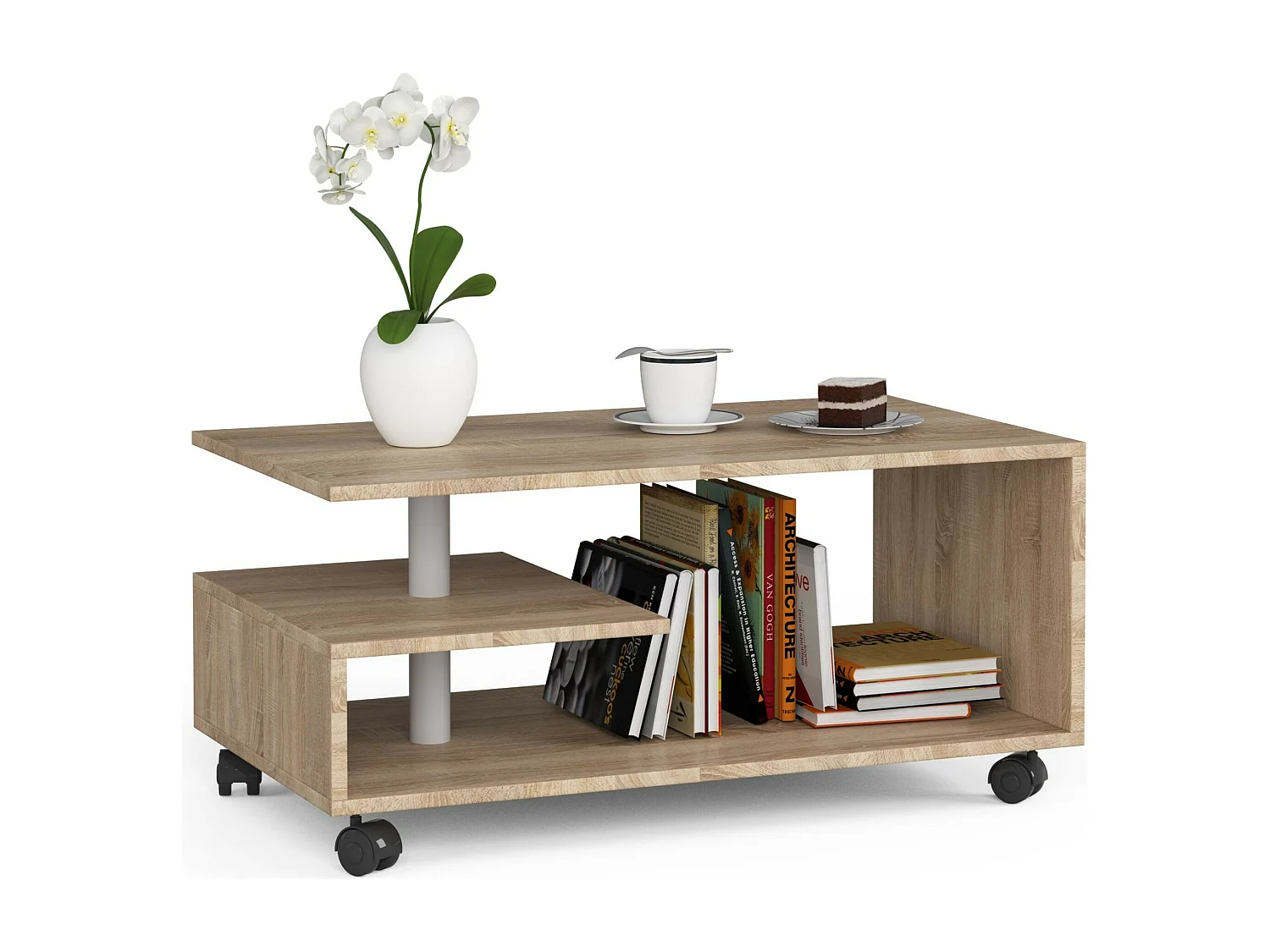 VINI Koffietafel op Wielen - Eiken Sonoma - Modern Design - Zelfmontage - 90x40x51 cm - Hoogwaardig Gelamineerde Afwerking