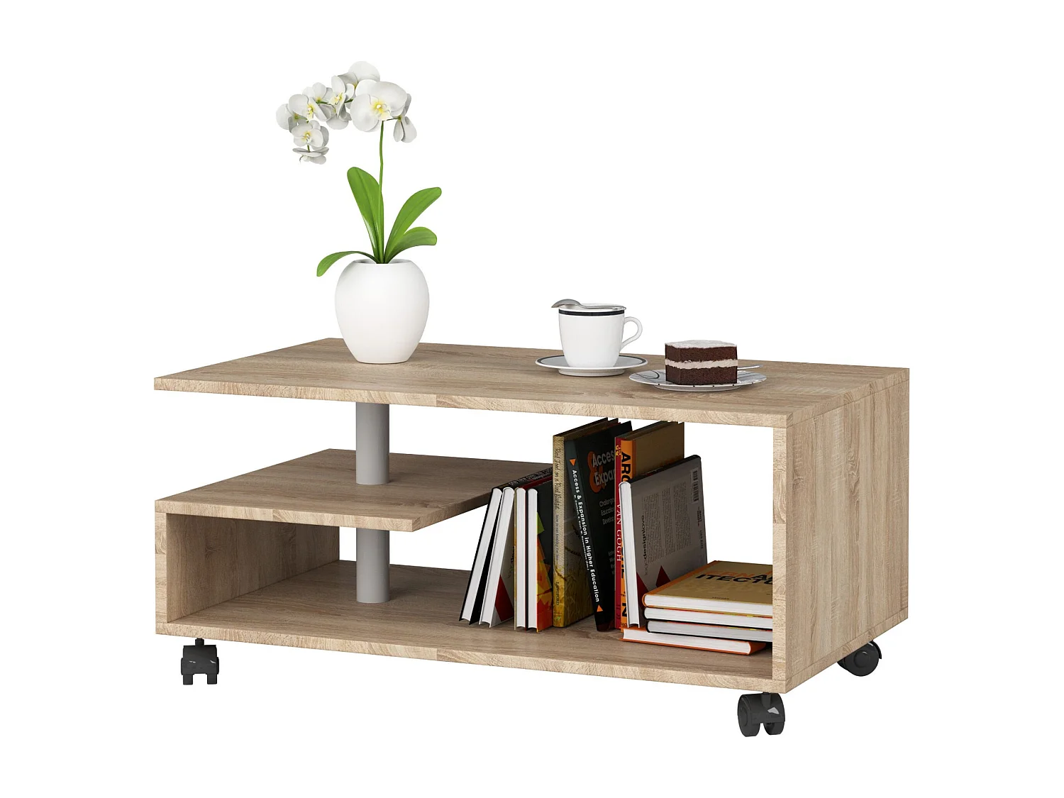 VINI Koffietafel op Wielen - Eiken Sonoma - Modern Design - Zelfmontage - 90x40x51 cm - Hoogwaardig Gelamineerde Afwerking