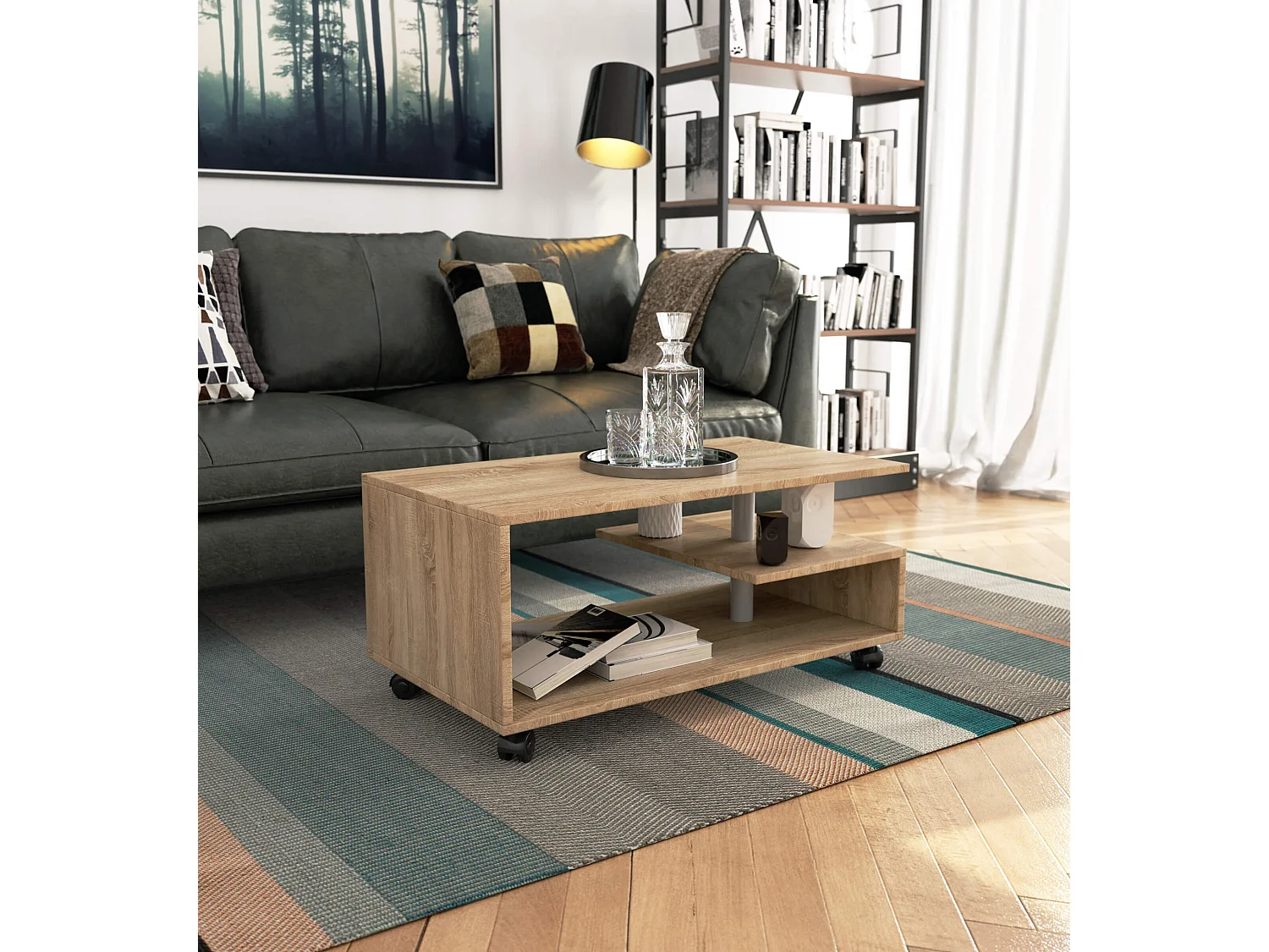 VINI Koffietafel op Wielen - Eiken Sonoma - Modern Design - Zelfmontage - 90x40x51 cm - Hoogwaardig Gelamineerde Afwerking
