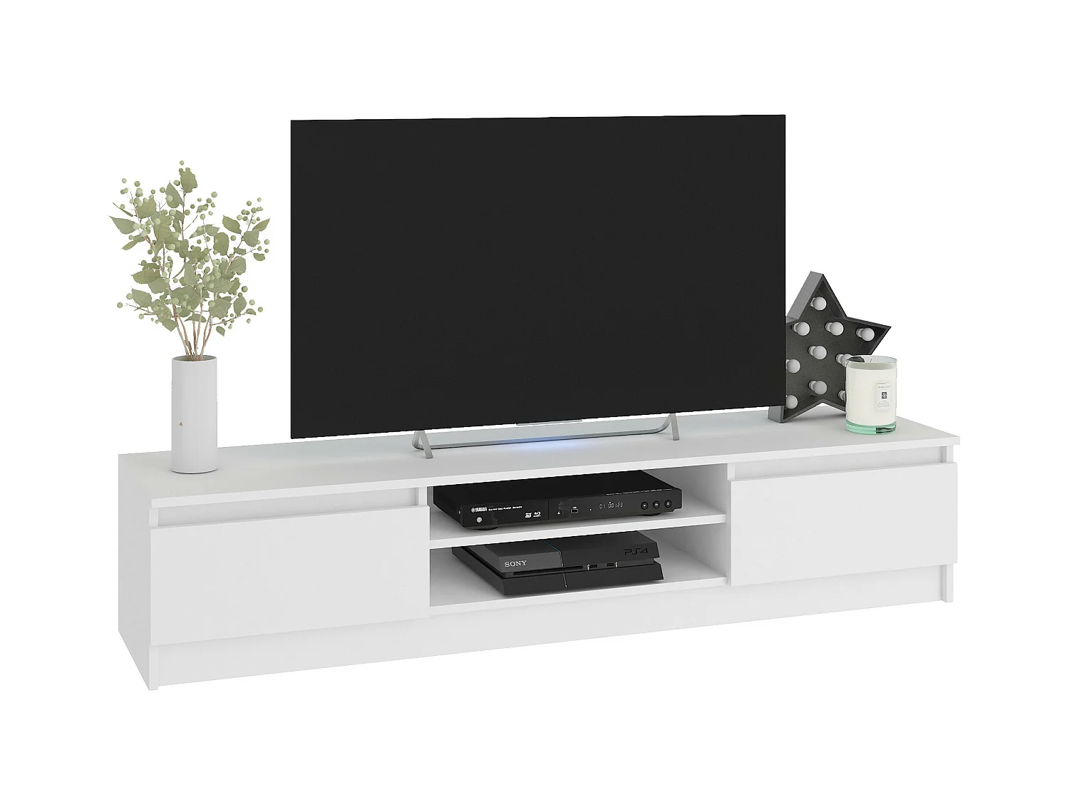 Ensemble mobiler pour le salon AKORD presentoir + meuble TV Blanc 220 cm 4 portes façade Blanche 8 étagères 220x40x140 cm