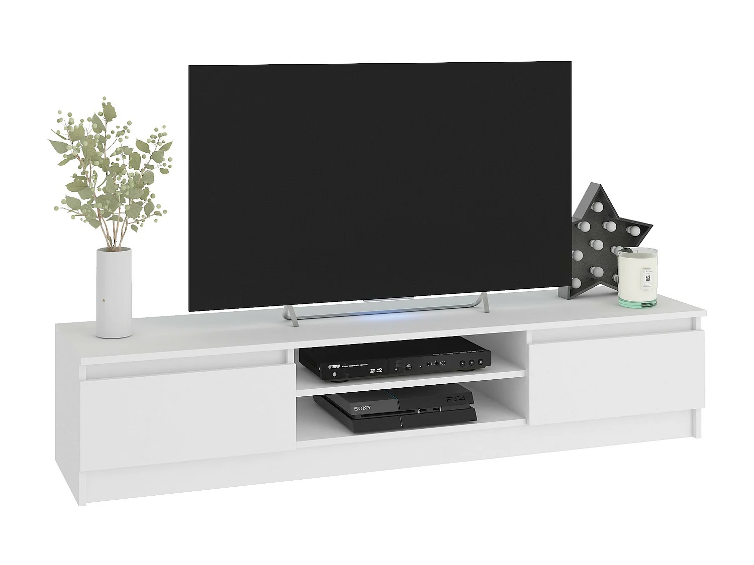 Ensemble mobiler pour le salon AKORD presentoir + meuble TV Blanc 220 cm 4 portes façade Blanche 8 étagères 220x40x140 cm