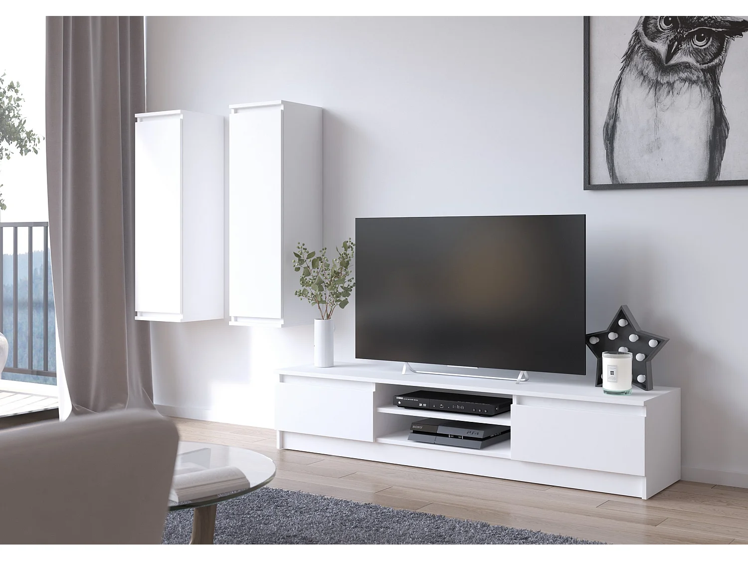 Ensemble mobiler pour le salon AKORD presentoir + meuble TV Blanc 220 cm 4 portes façade Blanche 8 étagères 220x40x140 cm