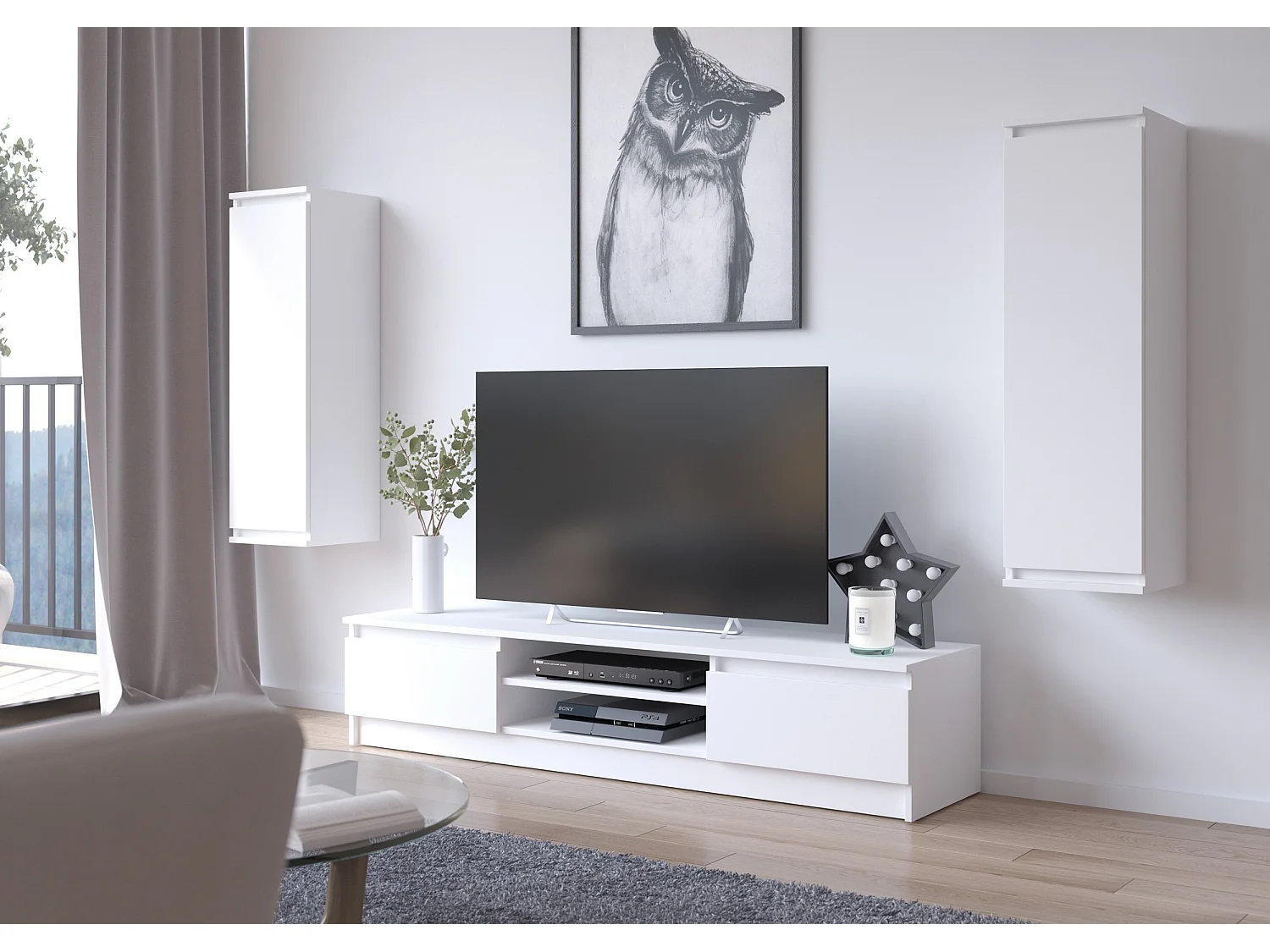 Ensemble mobiler pour le salon AKORD presentoir + meuble TV Blanc 220 cm 4 portes façade Blanche 8 étagères 220x40x140 cm