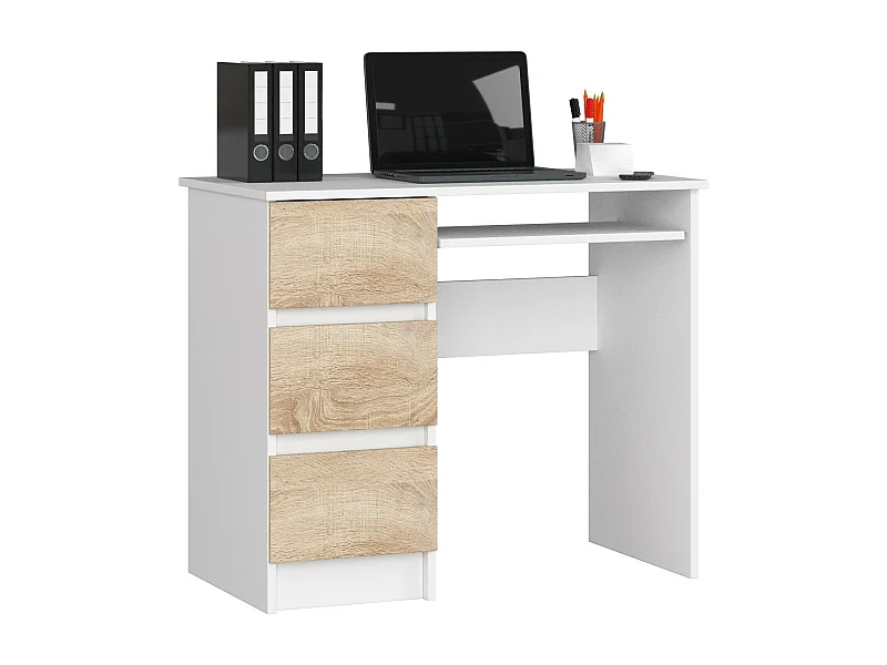 Scrivania per computer AKORD A6 Bianco 90 cm 3 cassetti inserto frontale Sonoma Quercia 90x50x77 cm Modello a sinistra