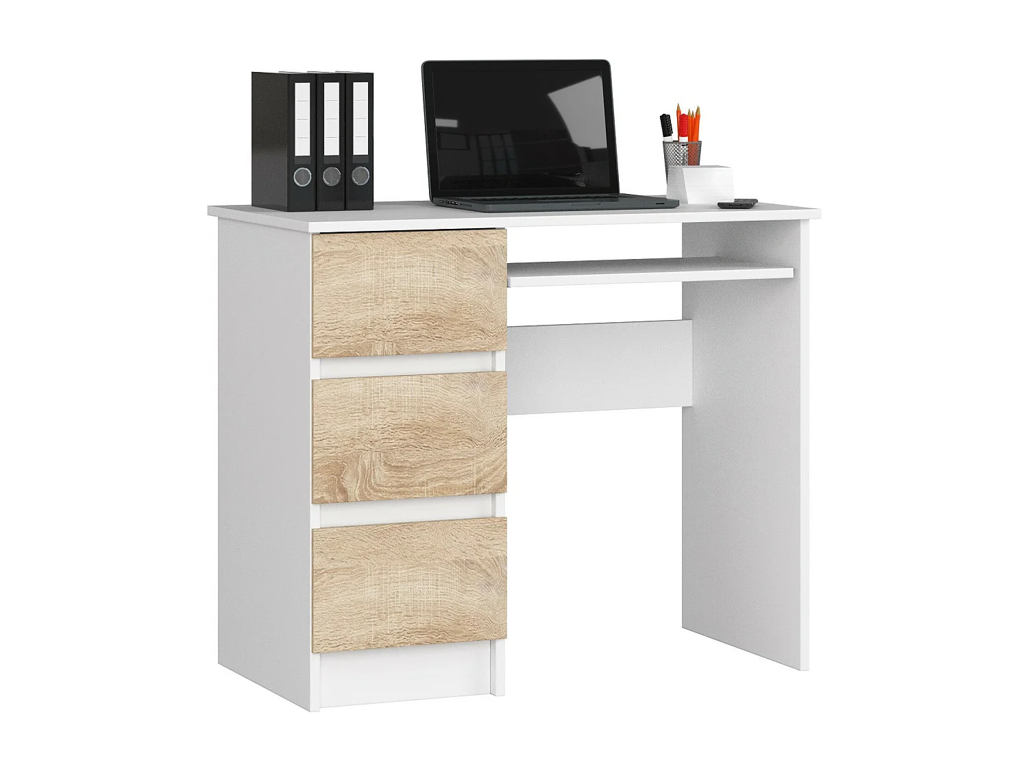 Bureau Links 90 cm met 3 Lades - Wit en Eiken Sonoma Design - Uitgerust met Uittrekbaar Toetsenbordplankje - Stijlvolle en Functionele Werkplek