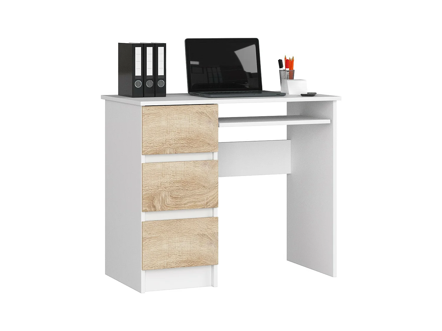 Bureau d'ordinateur AKORD gauche A6 Blanc 90 cm 3 tiroirs façade Chêne Sonoma 1 étagère 90x50x77 cm