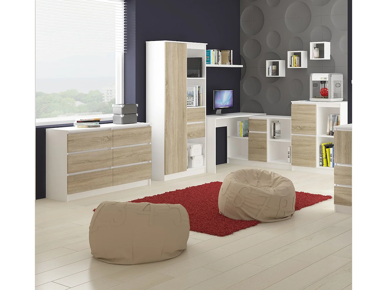 Bureau Links 90 cm met 3 Lades - Wit en Eiken Sonoma Design - Uitgerust met Uittrekbaar Toetsenbordplankje - Stijlvolle en Functionele Werkplek