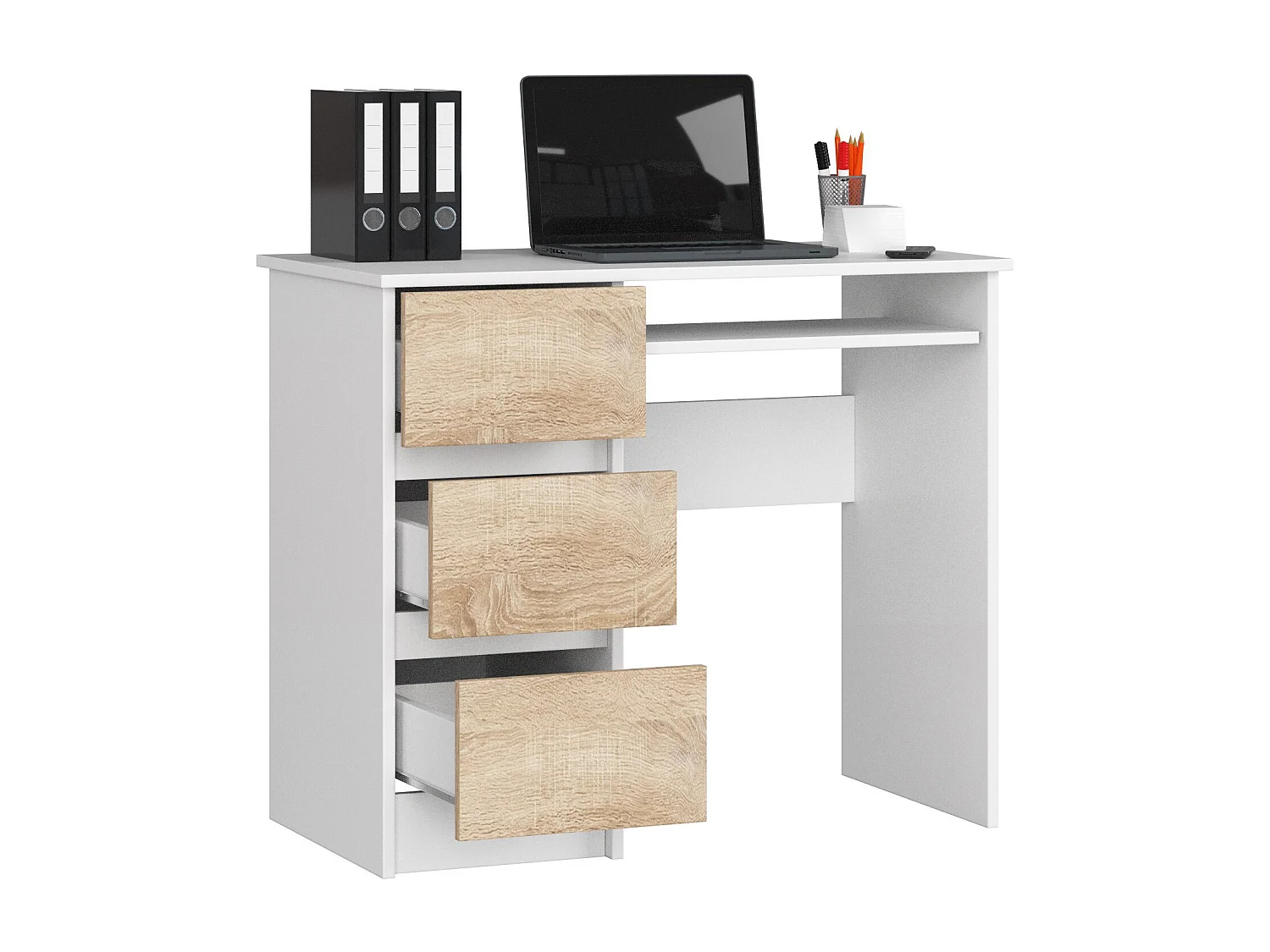 Bureau Links 90 cm met 3 Lades - Wit en Eiken Sonoma Design - Uitgerust met Uittrekbaar Toetsenbordplankje - Stijlvolle en Functionele Werkplek