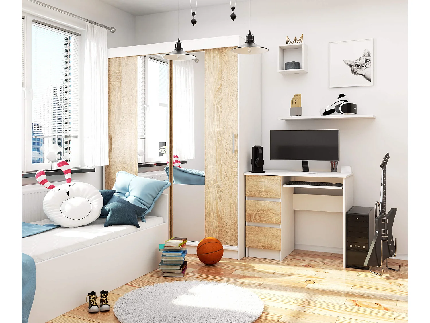 Bureau Links 90 cm met 3 Lades - Wit en Eiken Sonoma Design - Uitgerust met Uittrekbaar Toetsenbordplankje - Stijlvolle en Functionele Werkplek