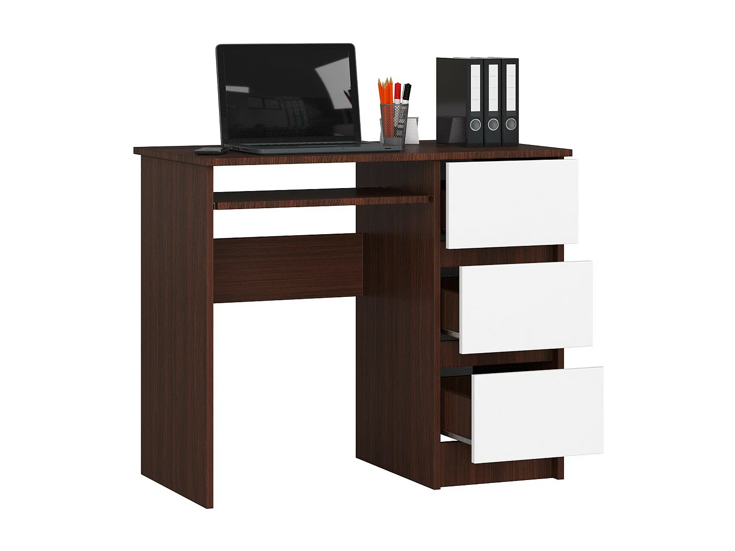 PC-Schreibtisch AKORD A6 rechts in der Farbe Wenge mit 3 Schubladen Front Weiß und 1 Ablagen B90 x H77 x T50 cm